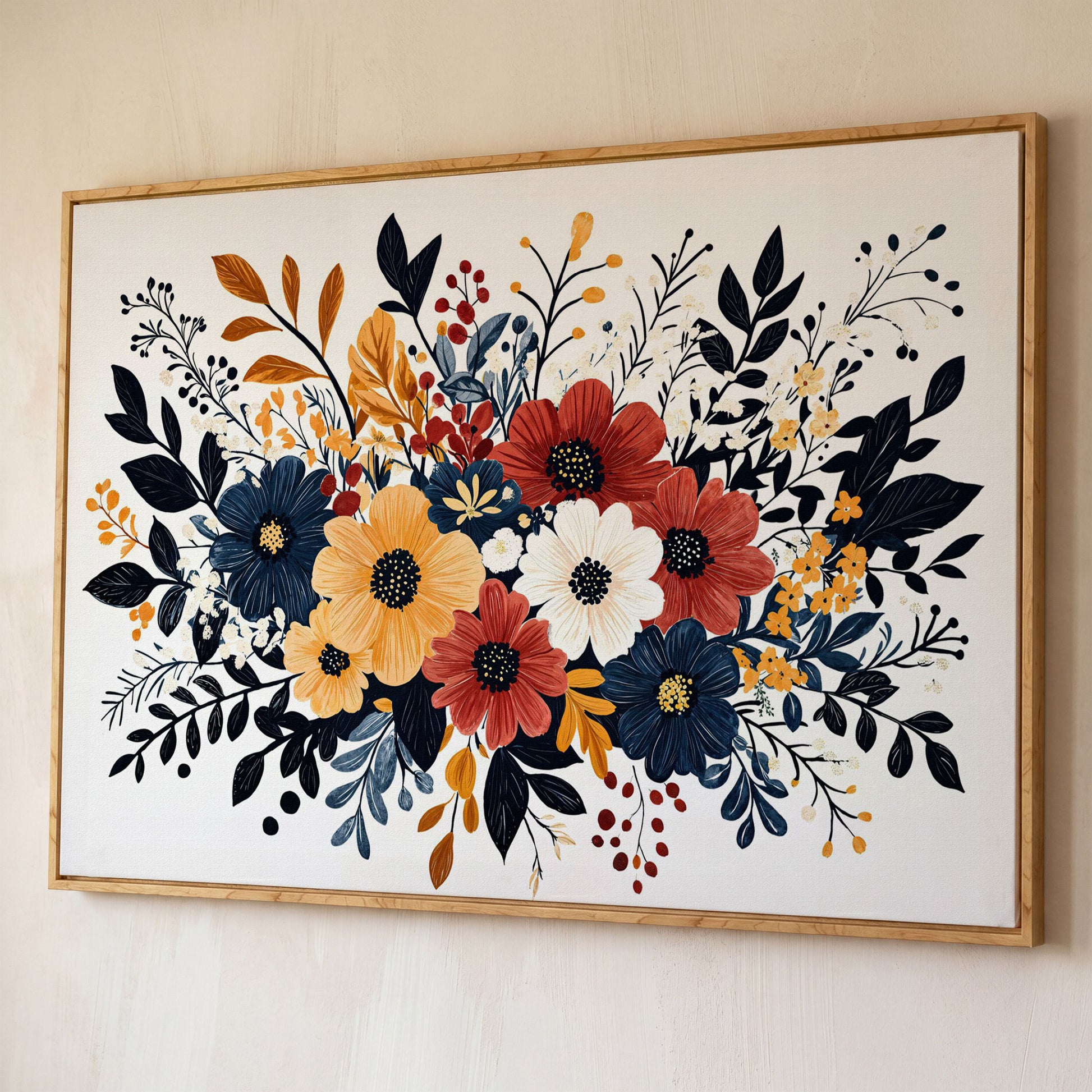 Vibrant Blooms Canvas Print for Bright Decor shown in white oak floating frame