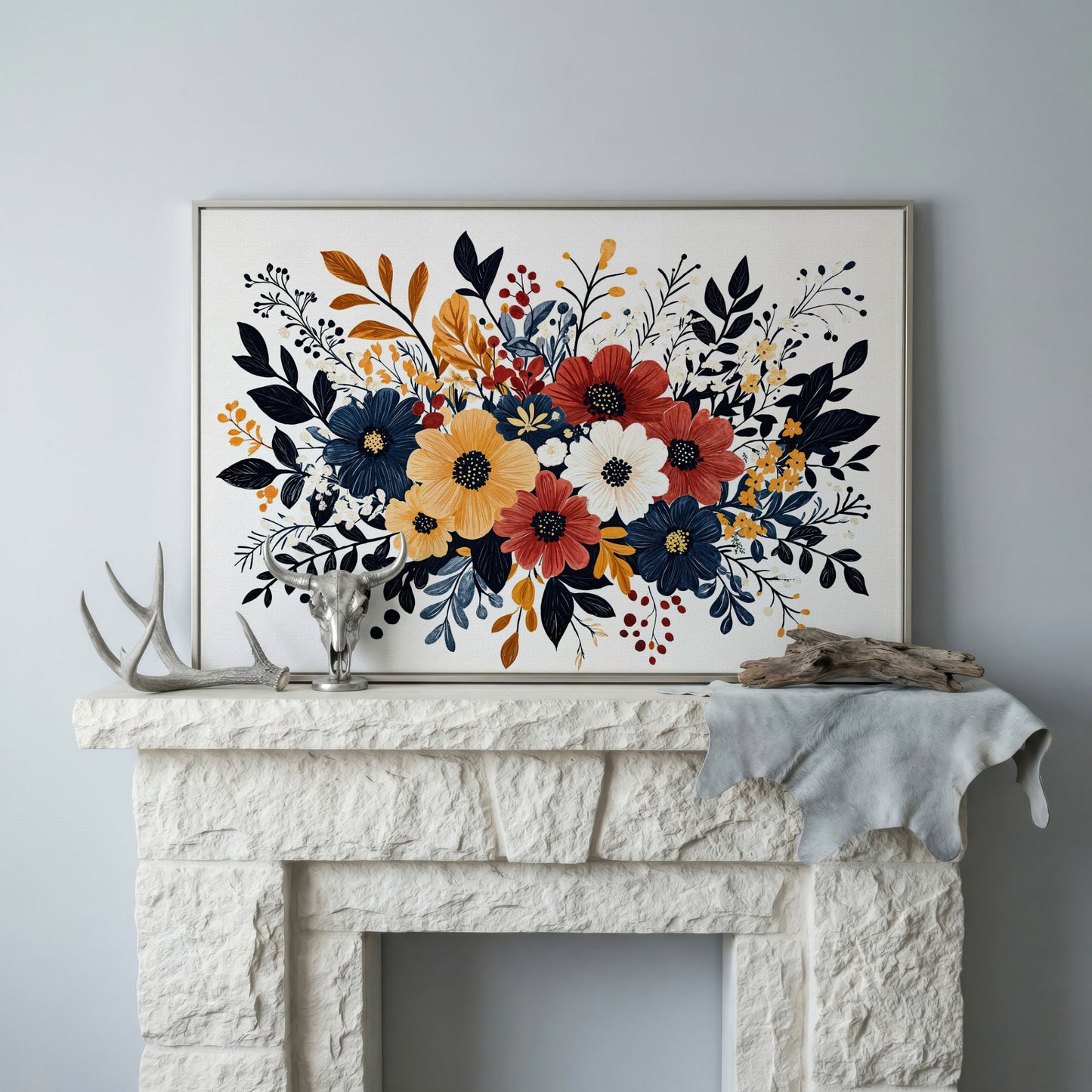Vibrant Blooms Canvas Print for Bright Decor in silver floating frame