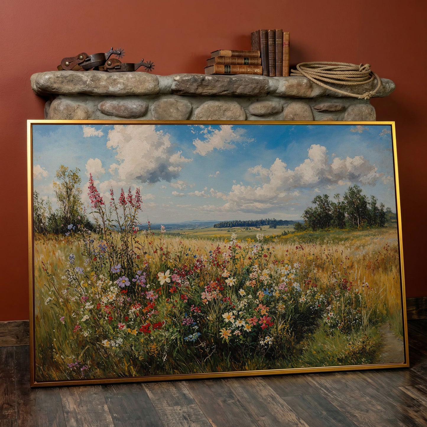 Summer Countryside Blossoms Canvas Print in antique gold floating frame