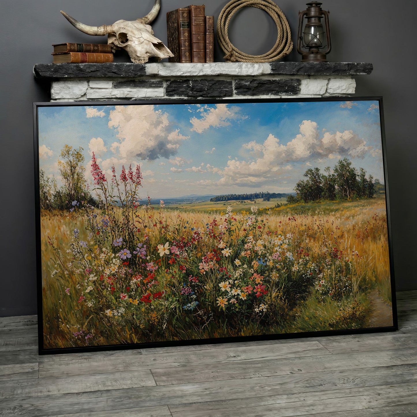 Summer Countryside Blossoms Canvas Print in black floating frame