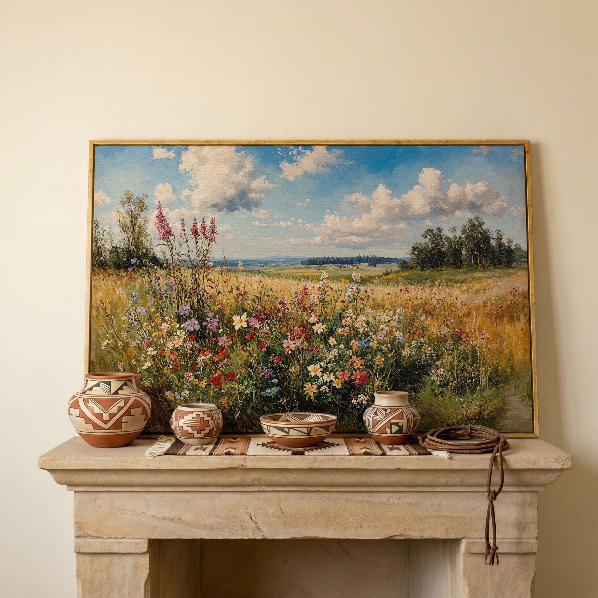 Summer Countryside Blossoms Canvas Print in white oak floating frame