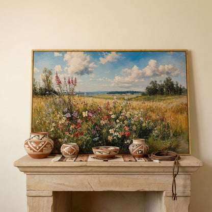 Summer Countryside Blossoms Canvas Print in white oak floating frame