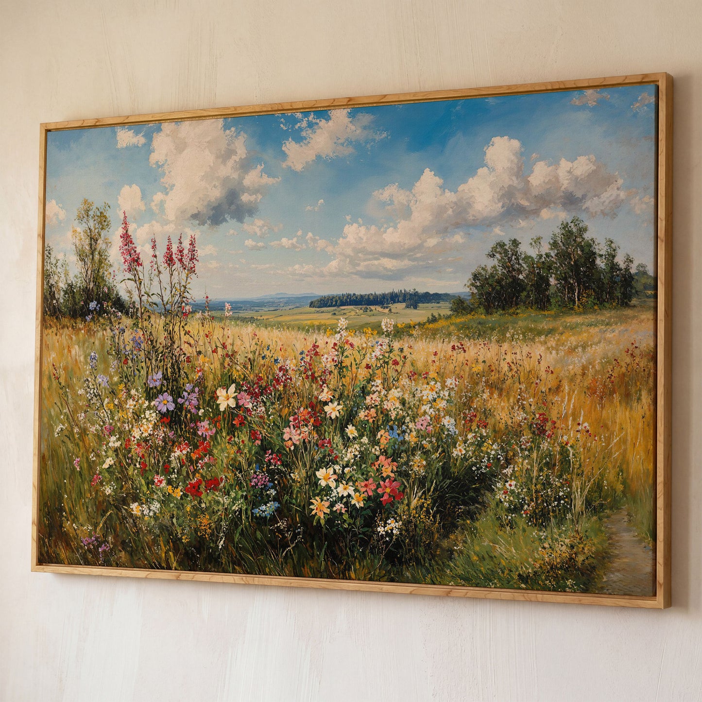 Summer Countryside Blossoms Canvas Print shown in white oak floating frame