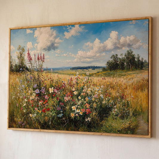 Summer Countryside Blossoms Canvas Print shown in white oak floating frame