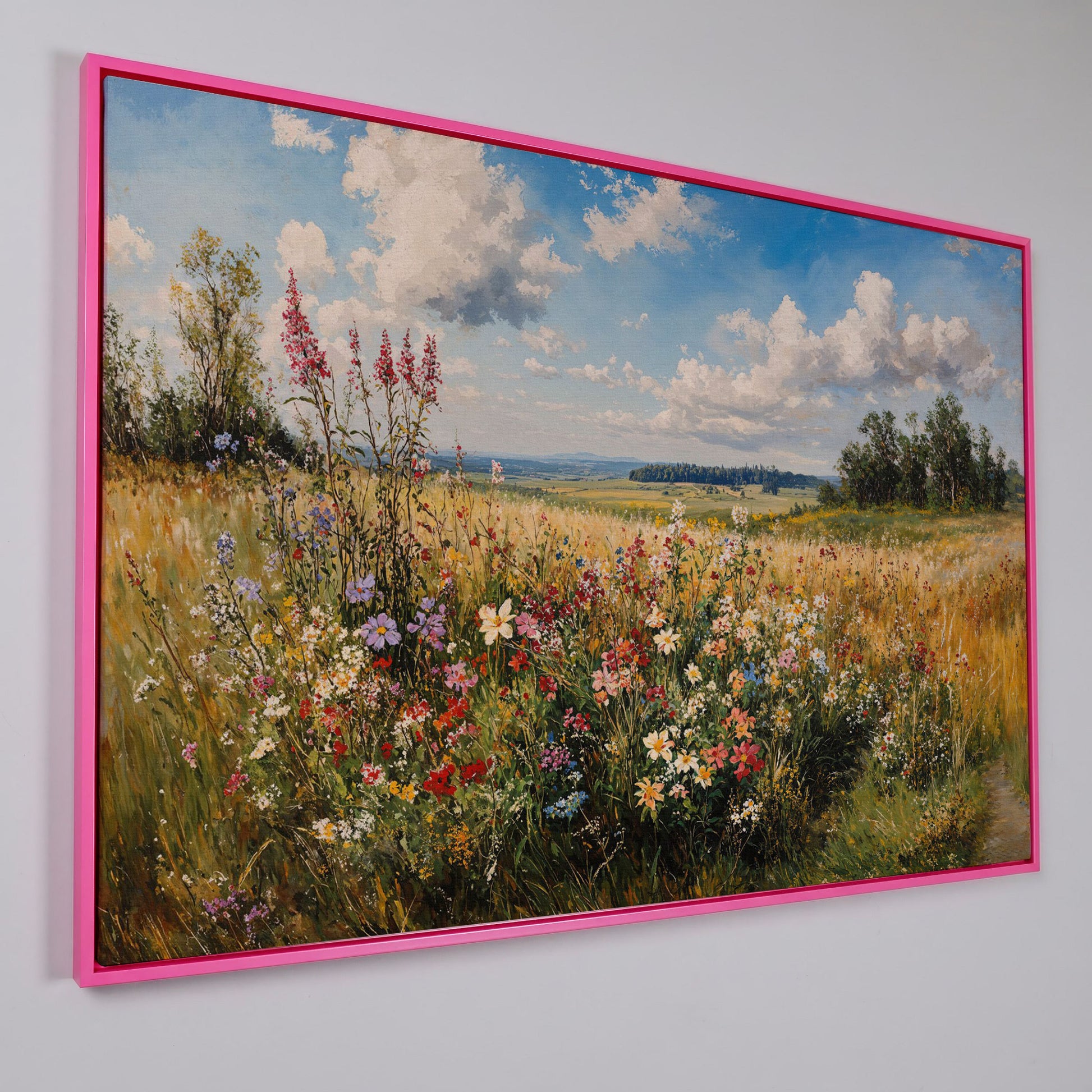 Summer Countryside Blossoms Canvas Print in pink floating frame