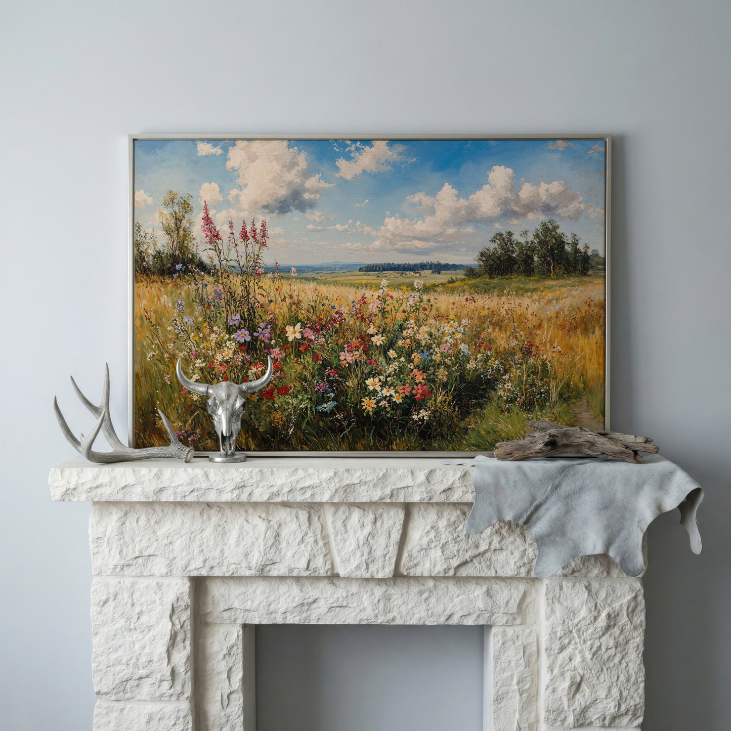 Summer Countryside Blossoms Canvas Print in silver floating frame