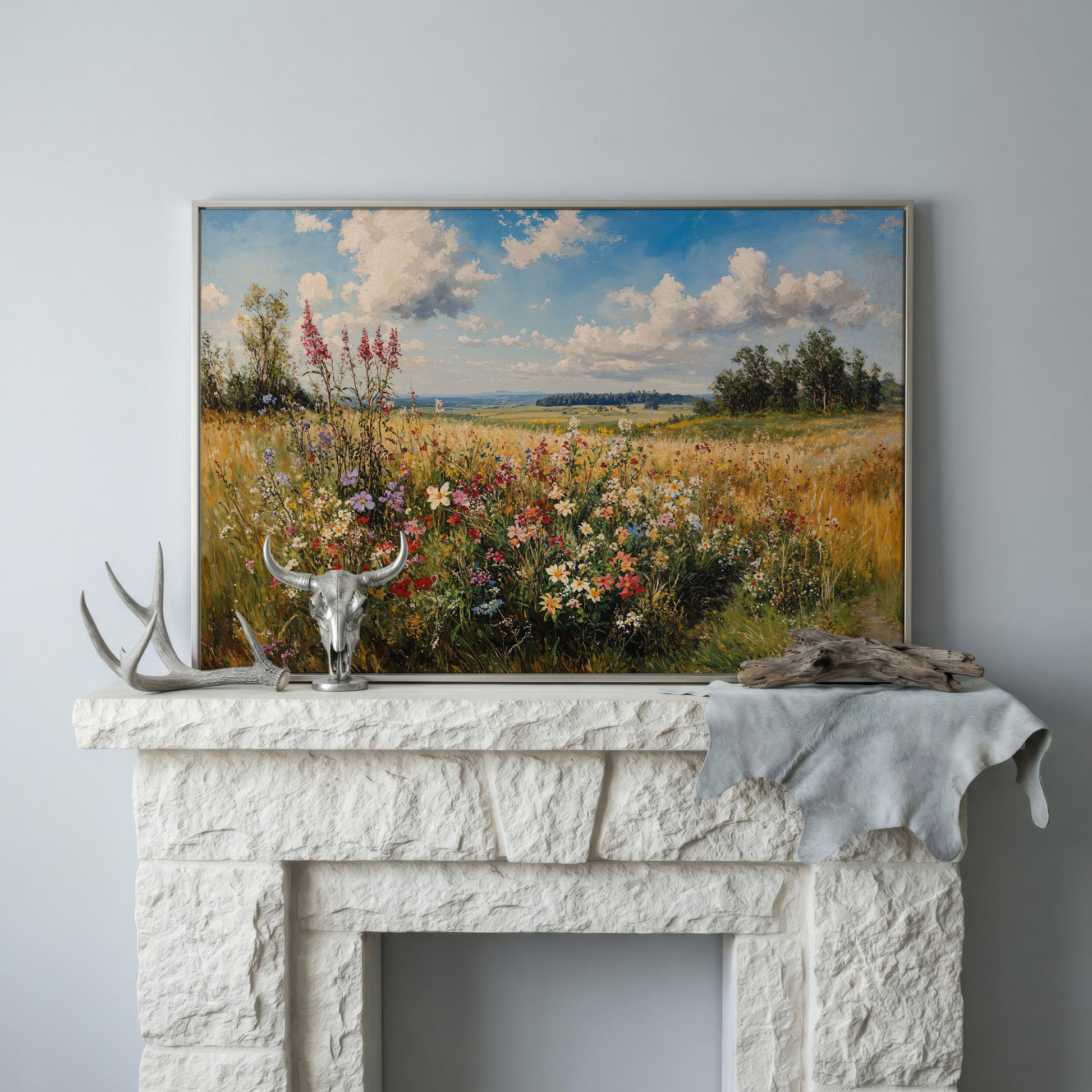 Summer Countryside Blossoms Canvas Print in silver floating frame