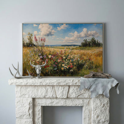 Summer Countryside Blossoms Canvas Print in silver floating frame
