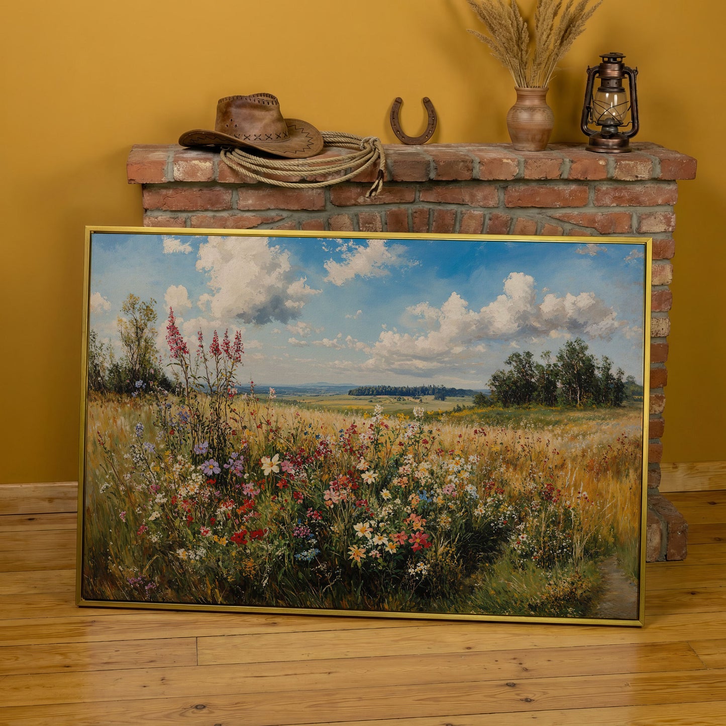 Summer Countryside Blossoms Canvas Print in yellow gold floating frame