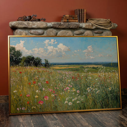 Springtime Countryside Landscape Canvas in antique gold floating frame