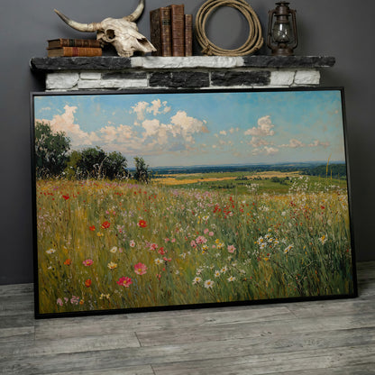 Springtime Countryside Landscape Canvas in black floating frame