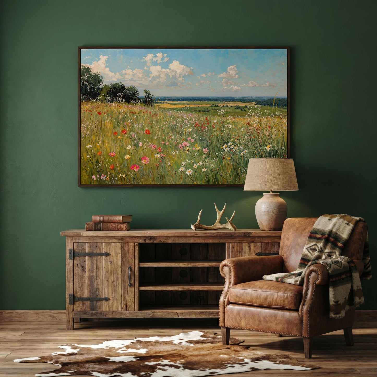 Springtime Countryside Landscape Canvas in dark walnut floating frame