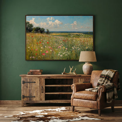 Springtime Countryside Landscape Canvas in dark walnut floating frame
