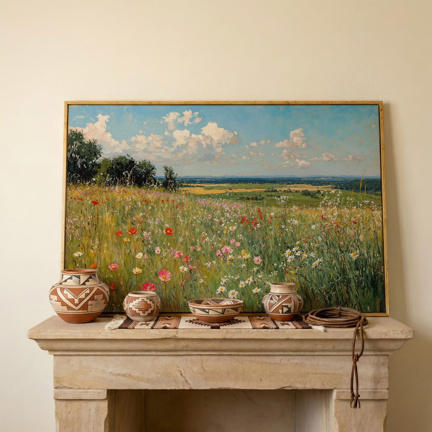 Springtime Countryside Landscape Canvas in white oak floating frame