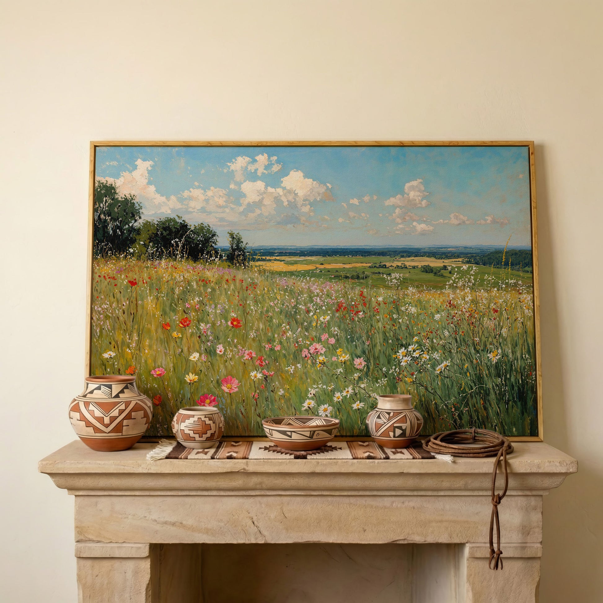 Springtime Countryside Landscape Canvas in white oak floating frame