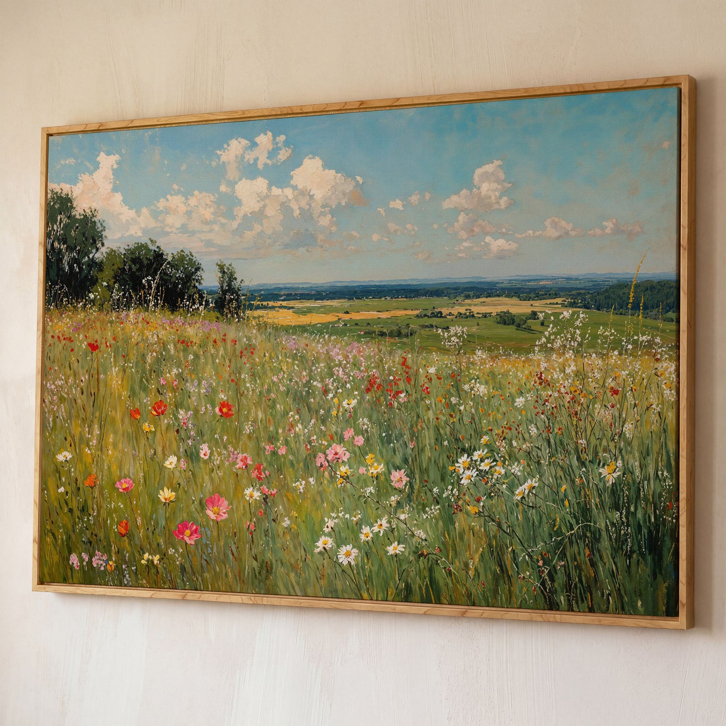 Springtime Countryside Landscape Canvas shown in white oak floating frame
