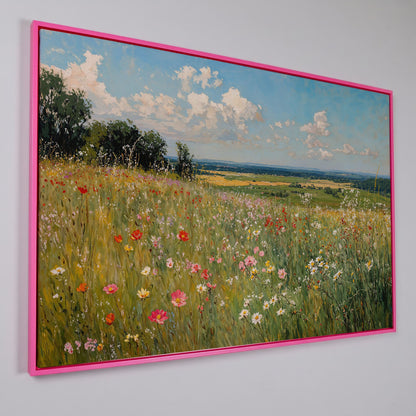 Springtime Countryside Landscape Canvas in pink floating frame