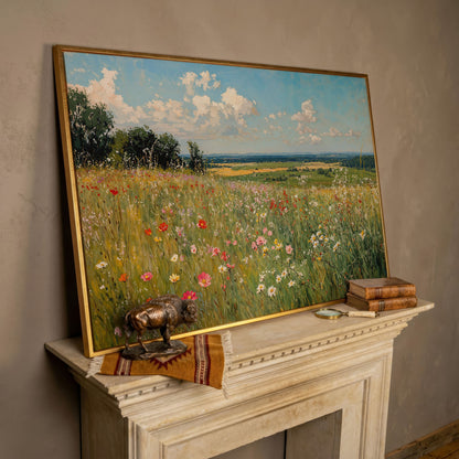 Springtime Countryside Landscape Canvas in rose gold floating frame