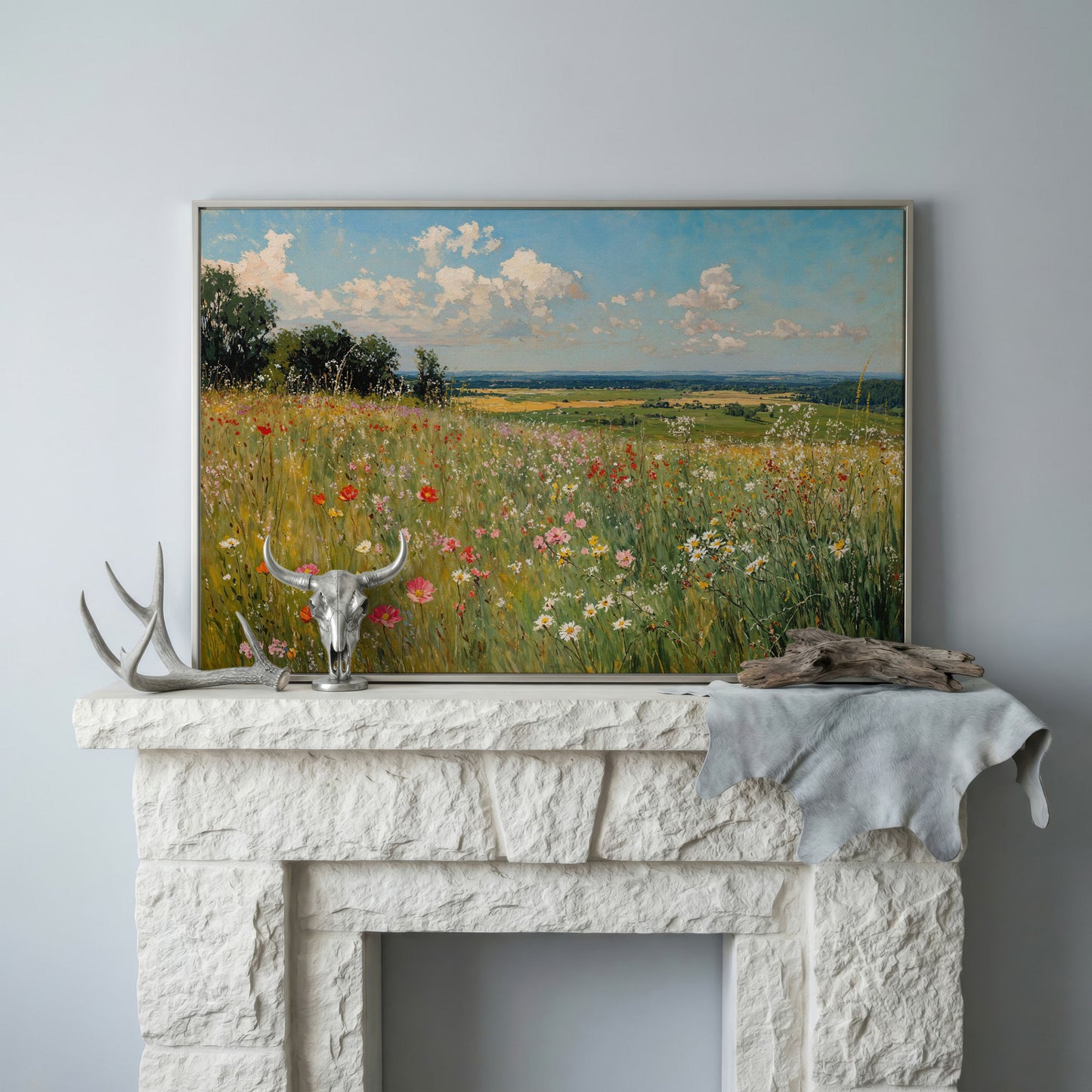 Springtime Countryside Landscape Canvas in silver floating frame