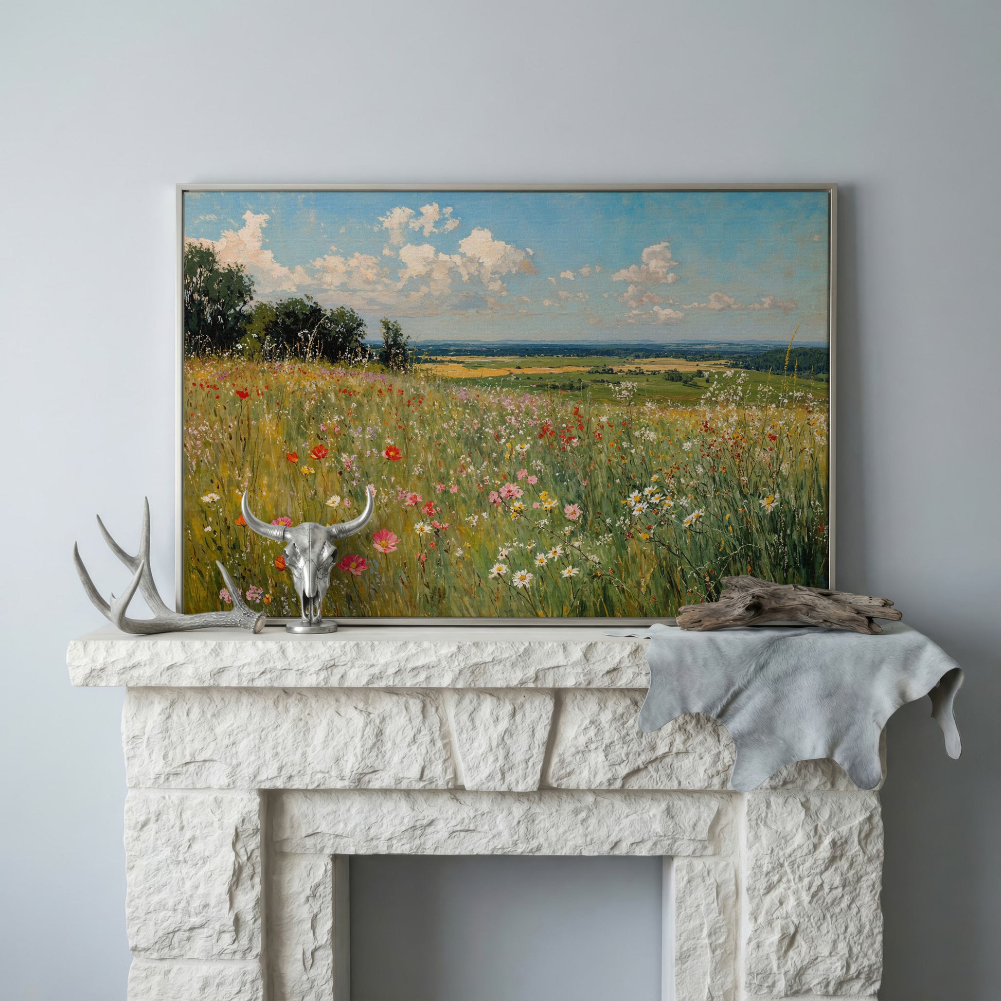 Springtime Countryside Landscape Canvas in silver floating frame