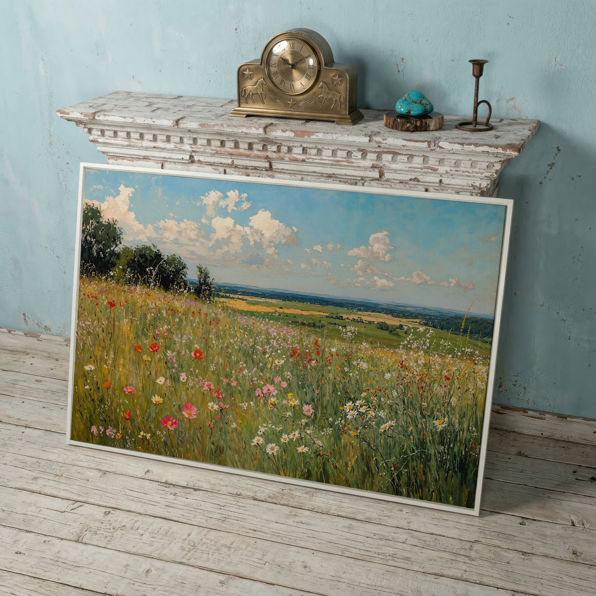 Springtime Countryside Landscape Canvas in white floating frame