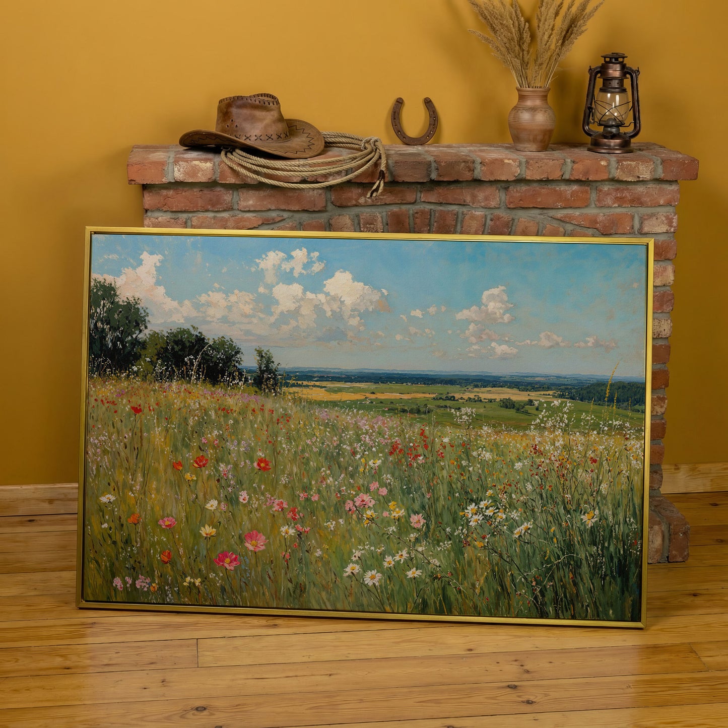Springtime Countryside Landscape Canvas in yellow gold floating frame