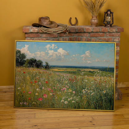 Springtime Countryside Landscape Canvas in yellow gold floating frame