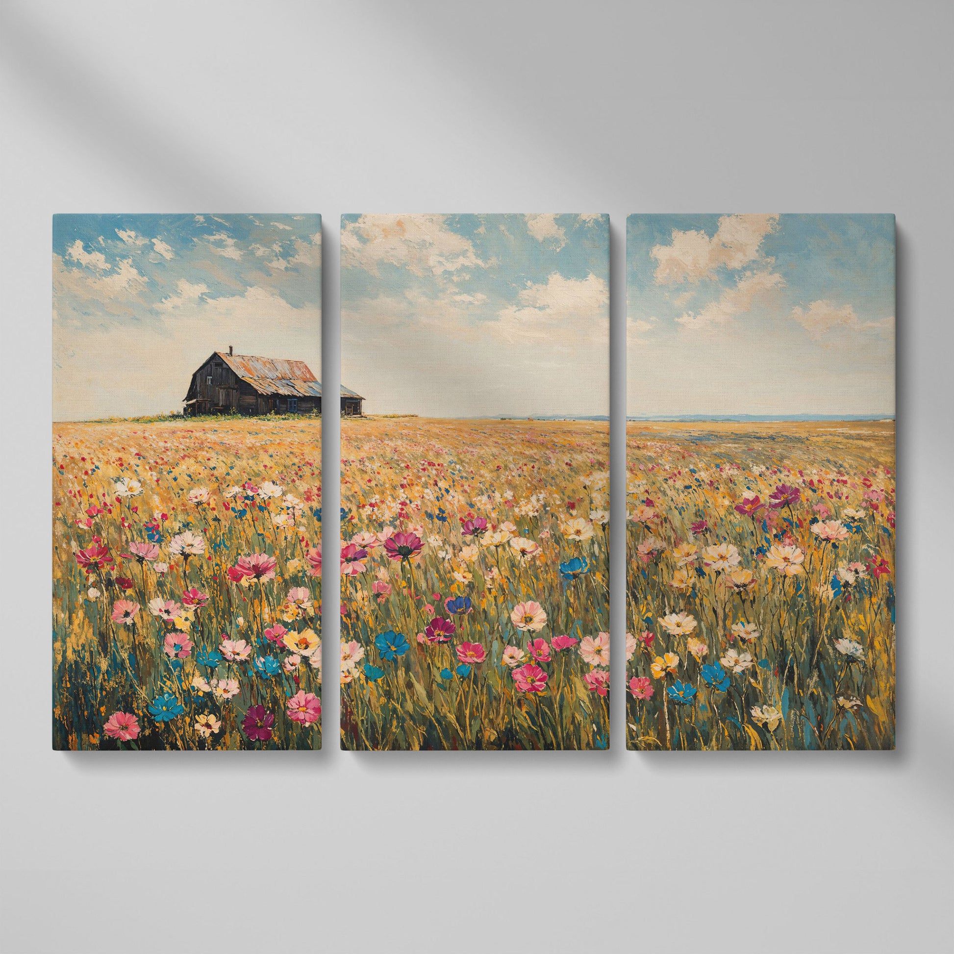 Rustic Barn with Wildflowers Canvas as 3-panel split version