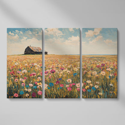 Rustic Barn with Wildflowers Canvas as 3-panel split version