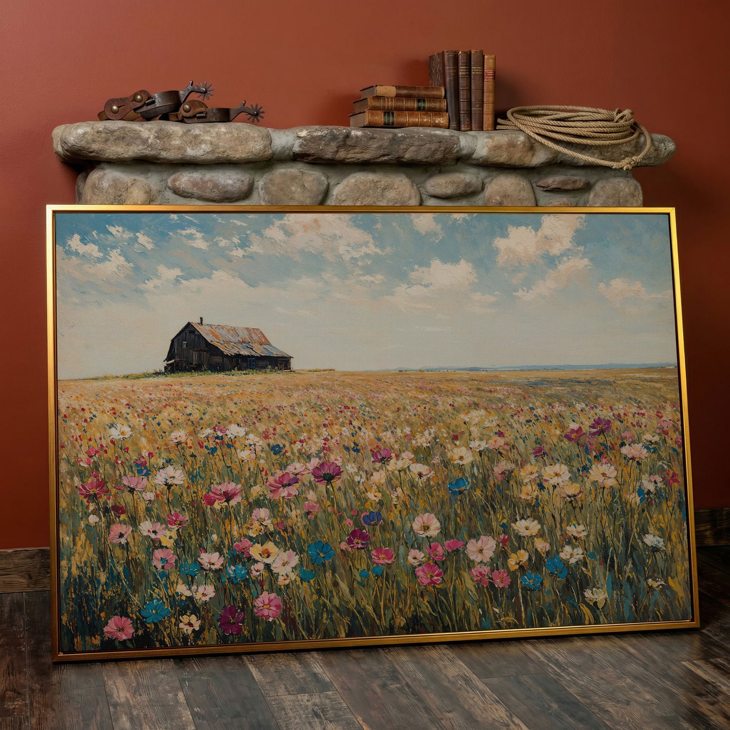 Rustic Barn with Wildflowers Canvas in antique gold floating frame