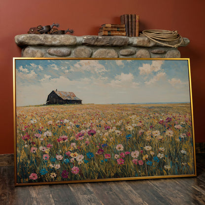 Rustic Barn with Wildflowers Canvas in antique gold floating frame