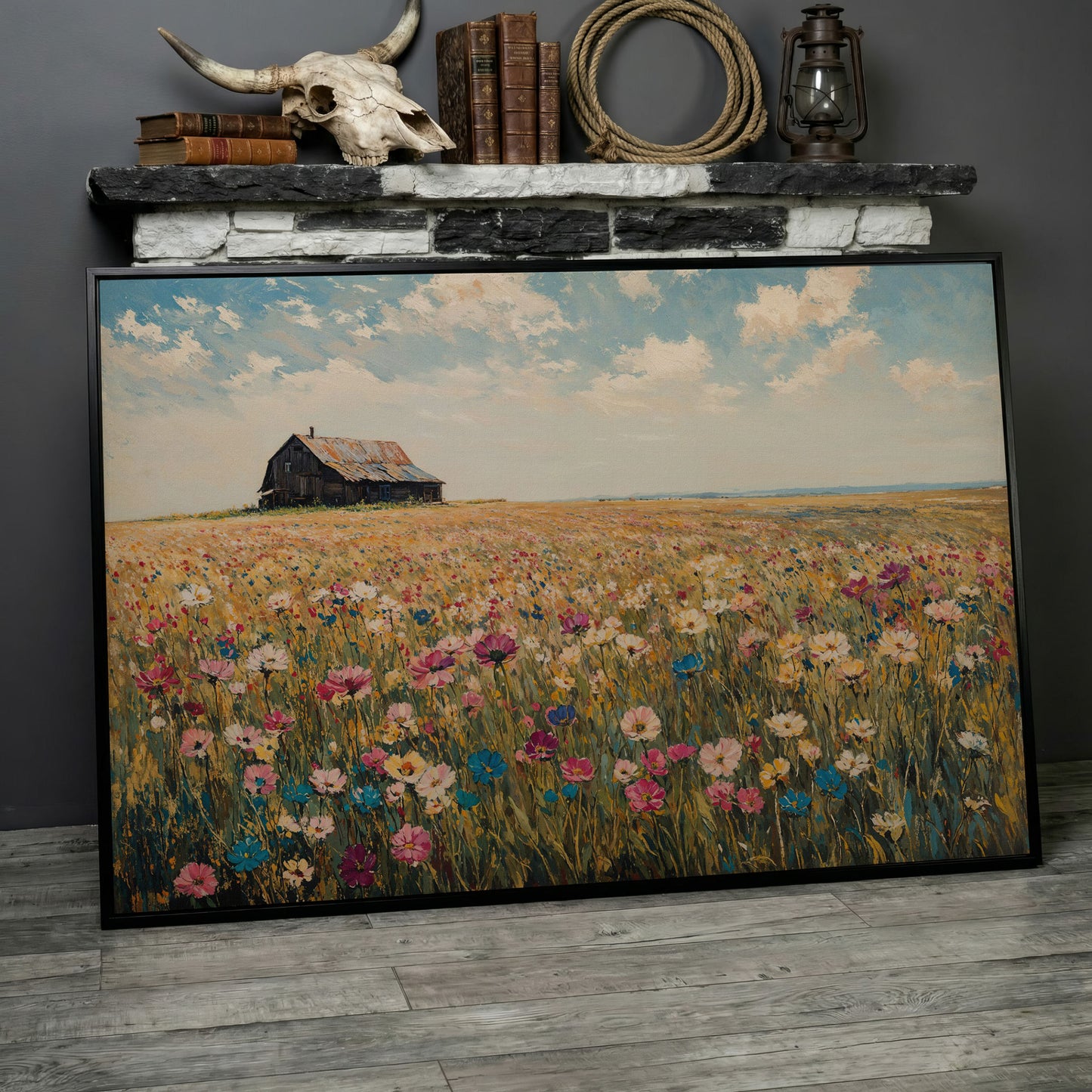 Rustic Barn with Wildflowers Canvas in black floating frame