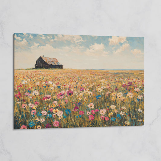 Rustic Barn with Wildflowers Canvas on gallery wrap