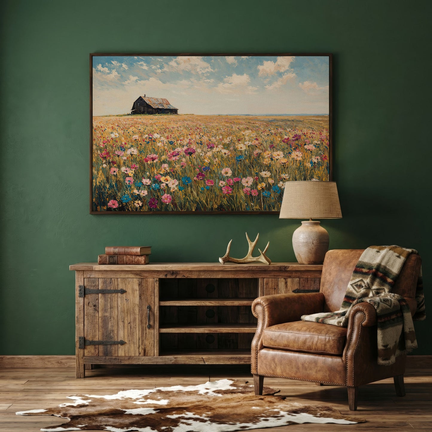 Rustic Barn with Wildflowers Canvas in dark walnut floating frame