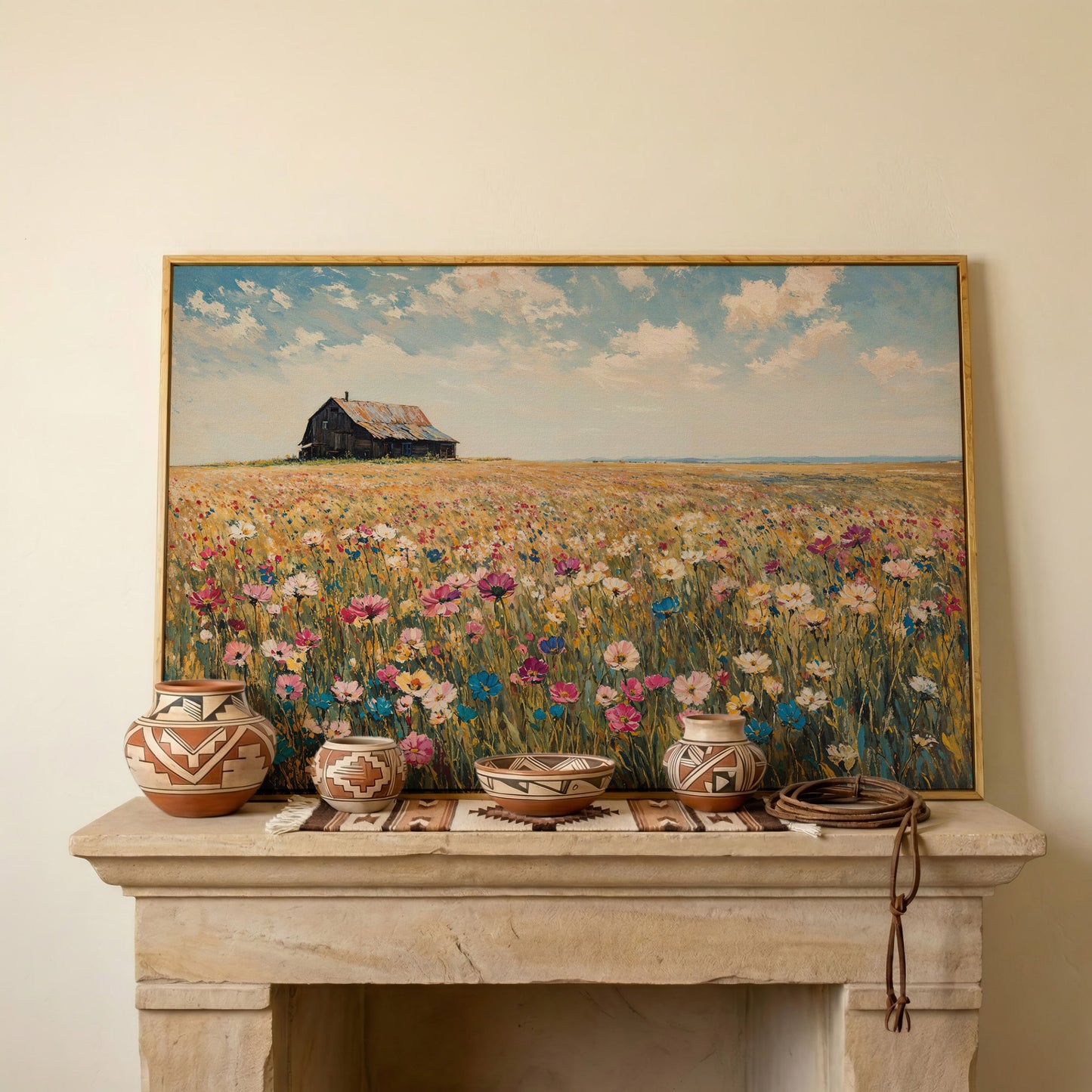 Rustic Barn with Wildflowers Canvas in white oak floating frame