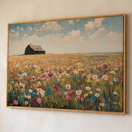 Rustic Barn with Wildflowers Canvas shown in white oak floating frame