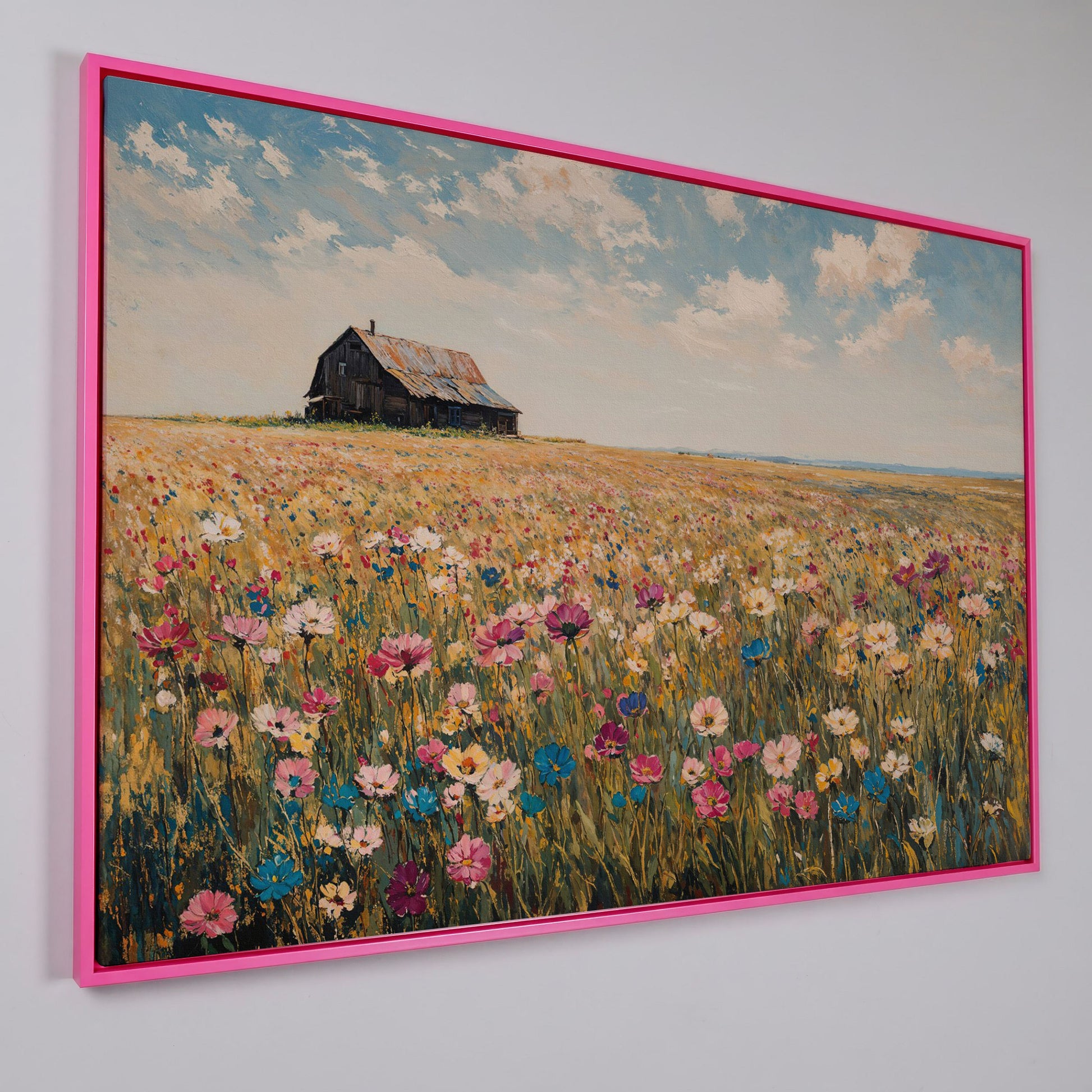 Rustic Barn with Wildflowers Canvas in pink floating frame