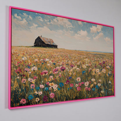 Rustic Barn with Wildflowers Canvas in pink floating frame