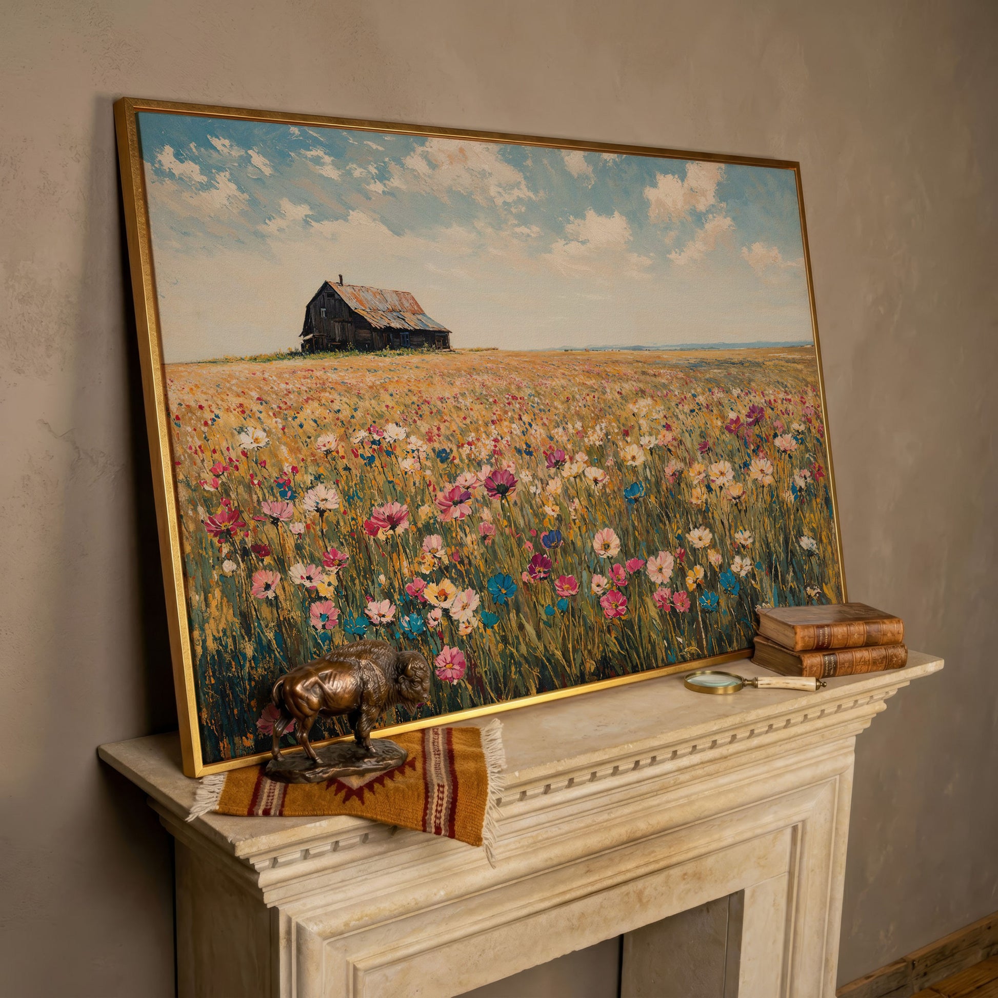 Rustic Barn with Wildflowers Canvas in rose gold floating frame
