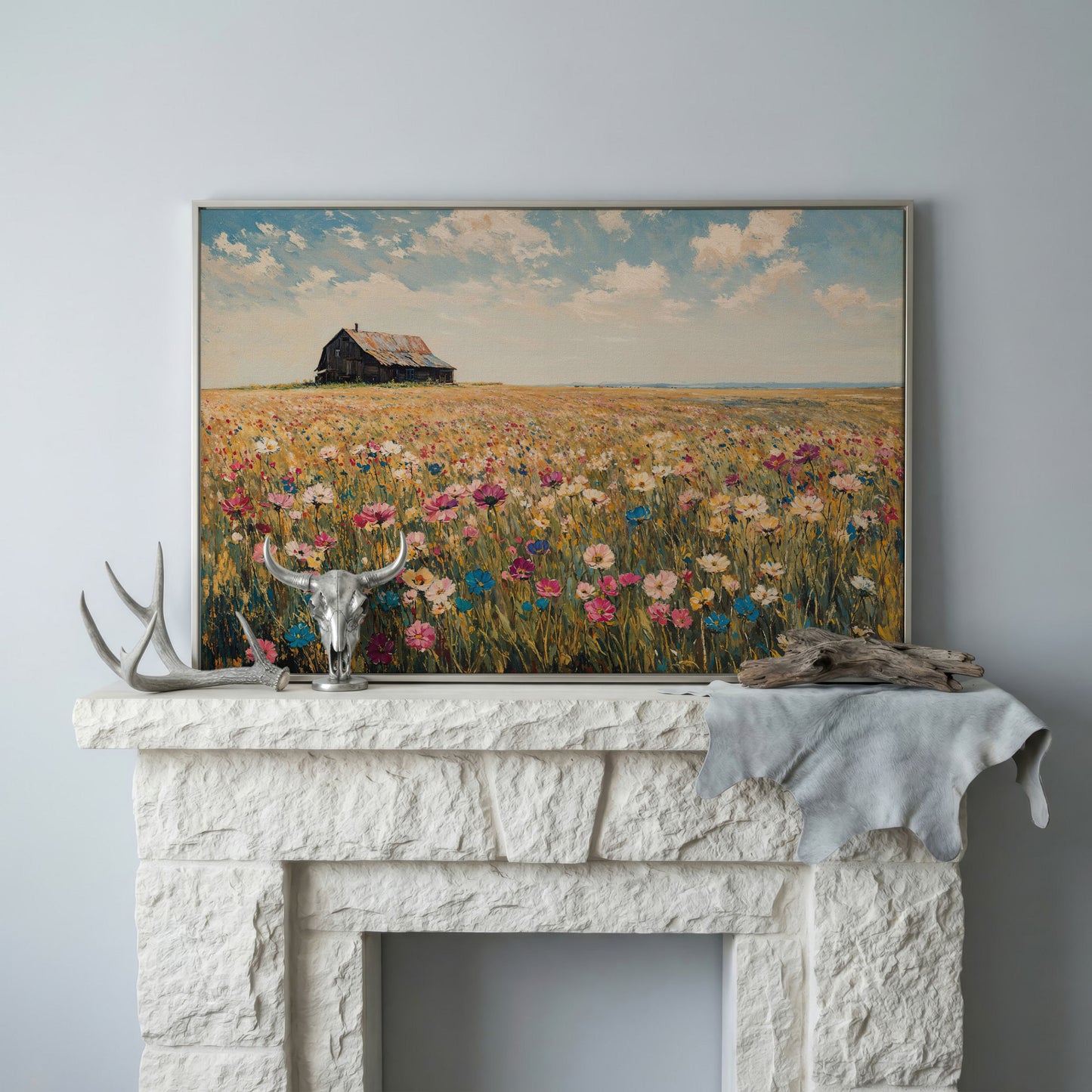 Rustic Barn with Wildflowers Canvas in silver floating frame