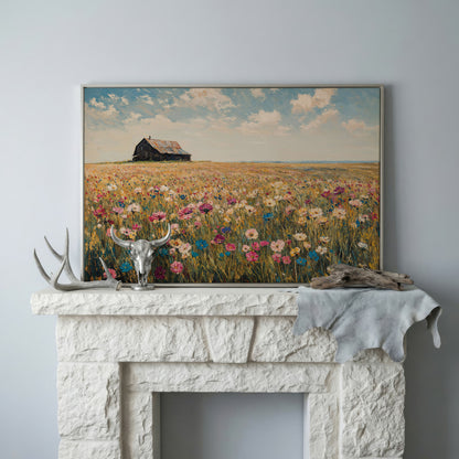 Rustic Barn with Wildflowers Canvas in silver floating frame