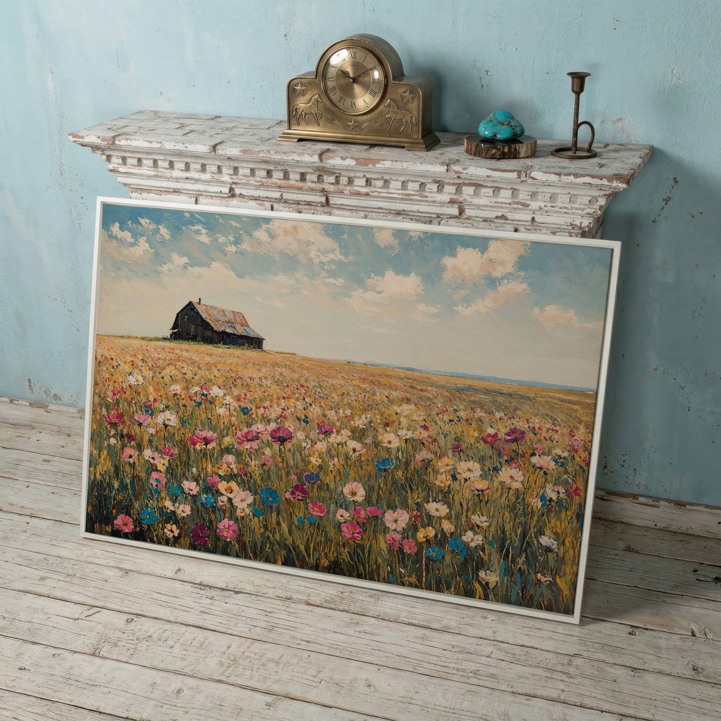 Rustic Barn with Wildflowers Canvas in white floating frame