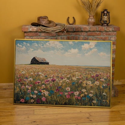Rustic Barn with Wildflowers Canvas in yellow gold floating frame