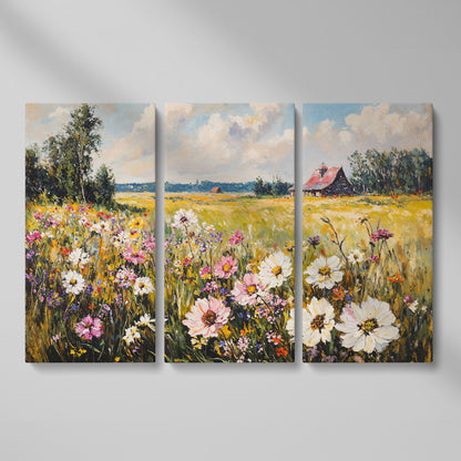 Wildflower Meadow with Barn Canvas as 3-panel split version
