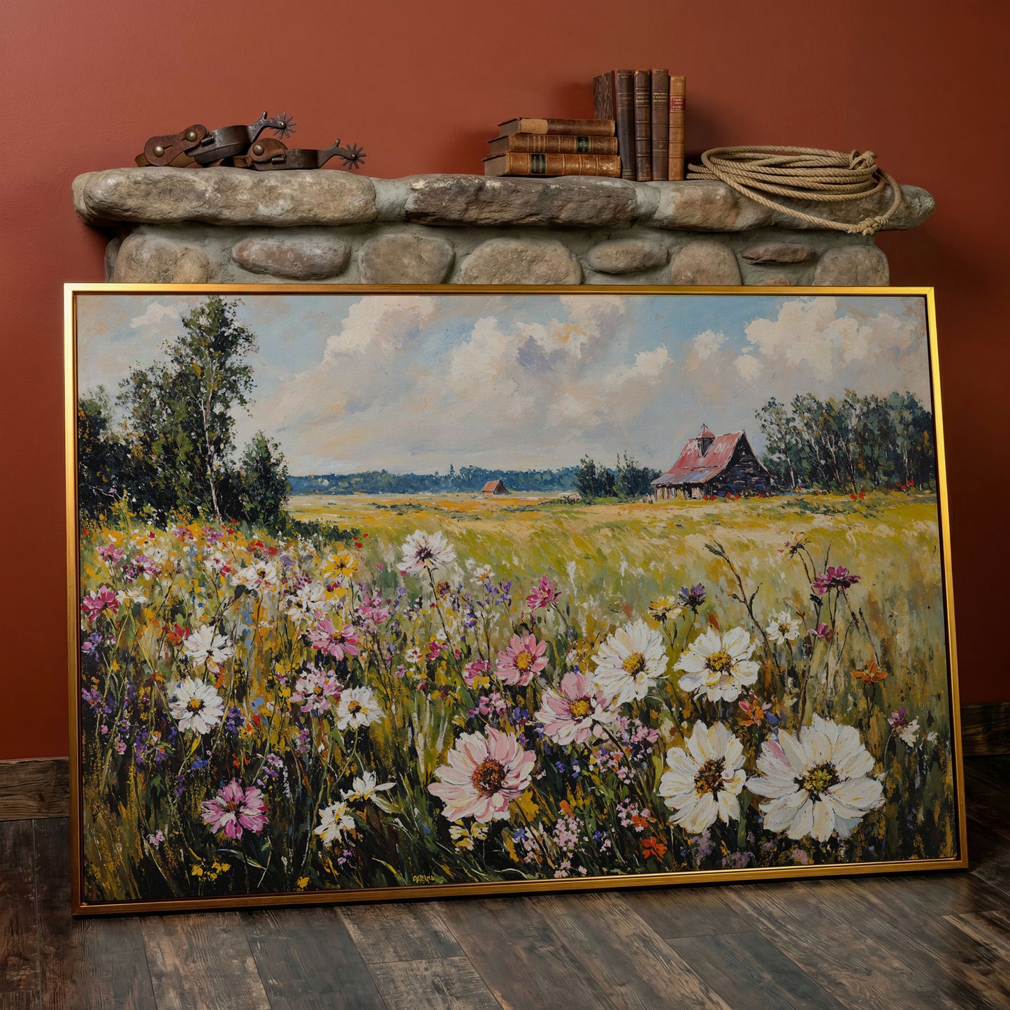 Wildflower Meadow with Barn Canvas in antique gold floating frame