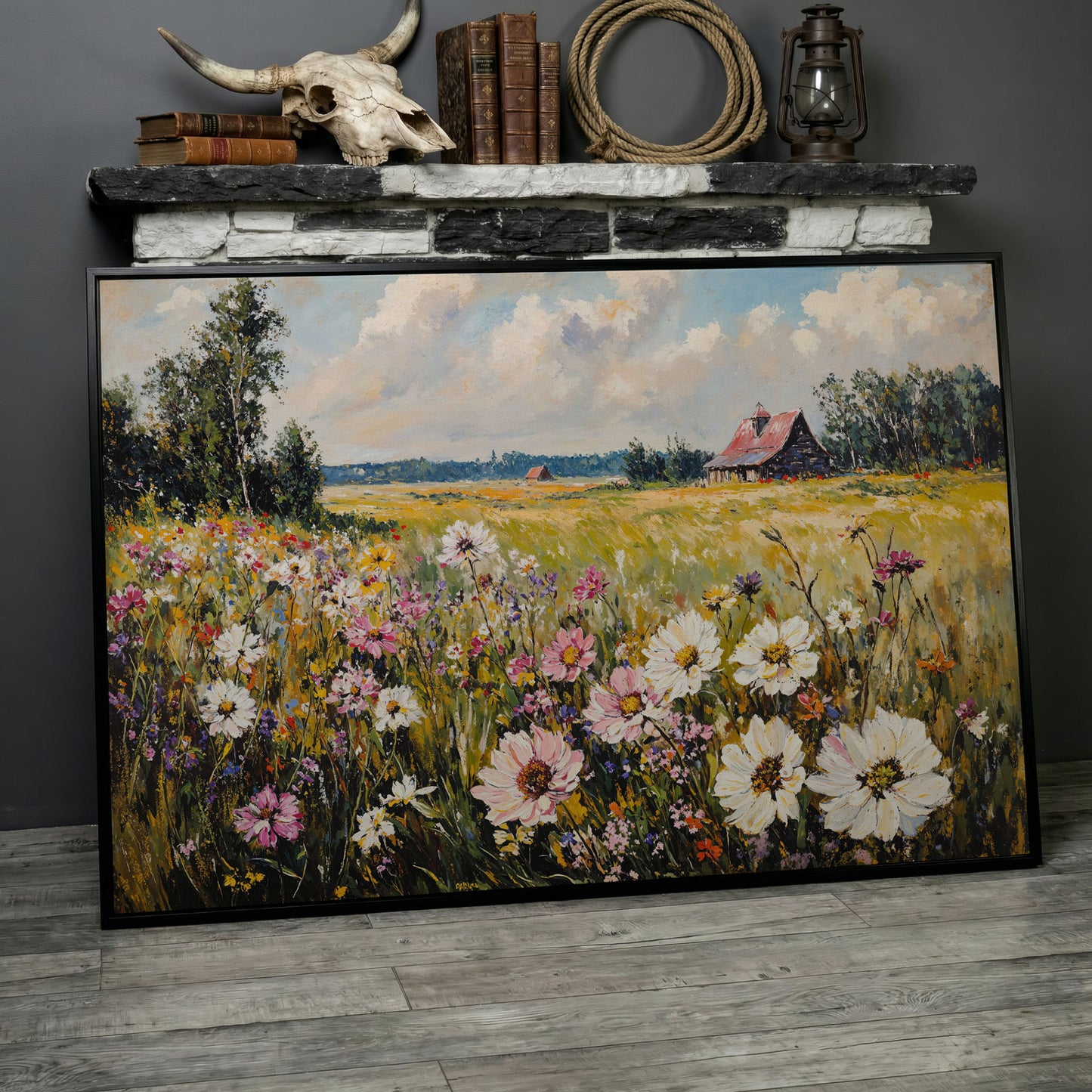 Wildflower Meadow with Barn Canvas in black floating frame