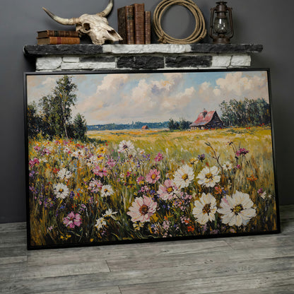 Wildflower Meadow with Barn Canvas in black floating frame
