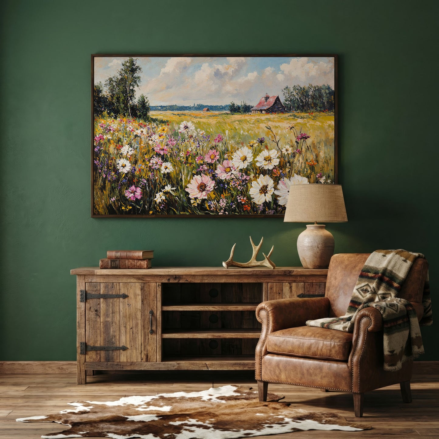 Wildflower Meadow with Barn Canvas in dark walnut floating frame