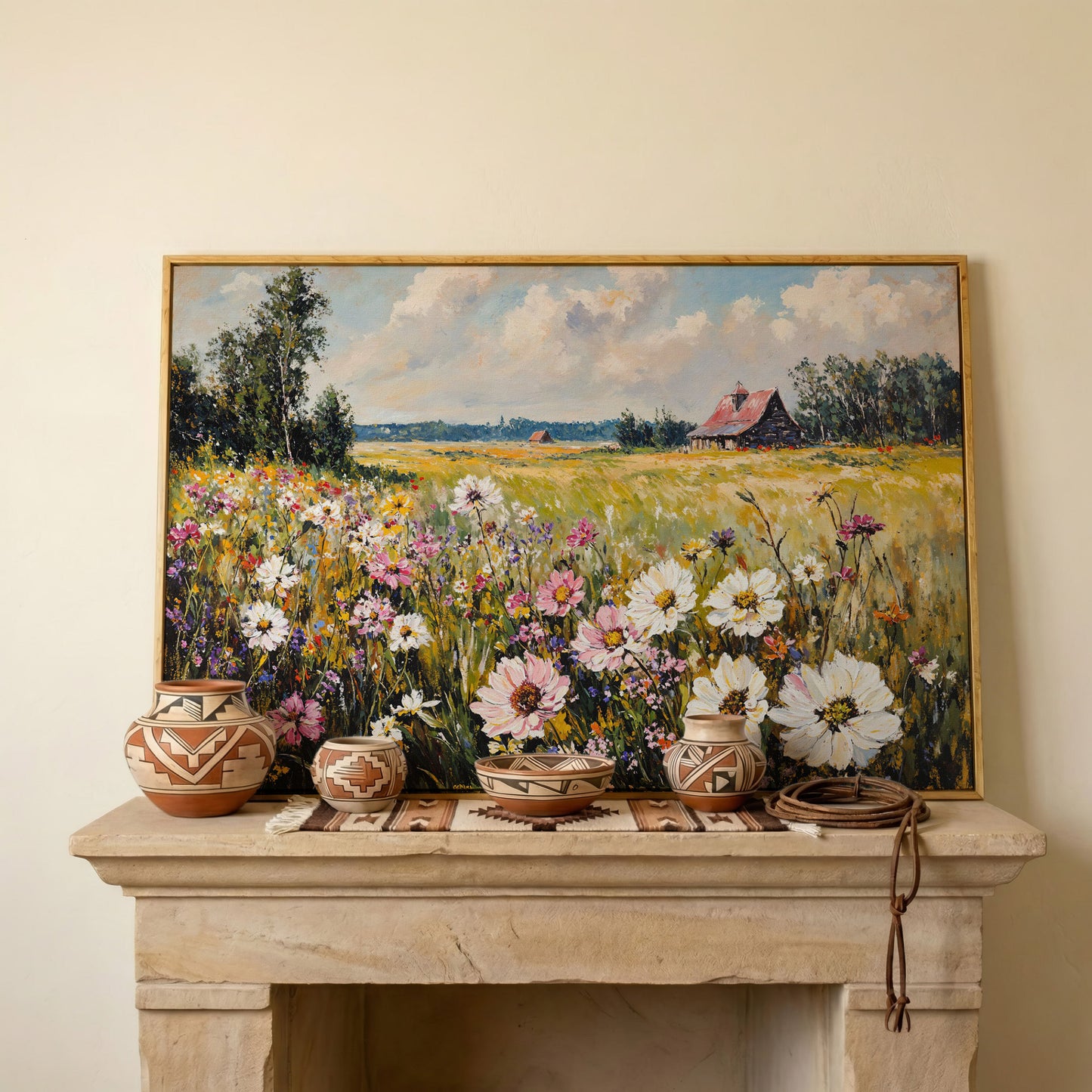 Wildflower Meadow with Barn Canvas in white oak floating frame