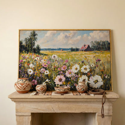 Wildflower Meadow with Barn Canvas in white oak floating frame